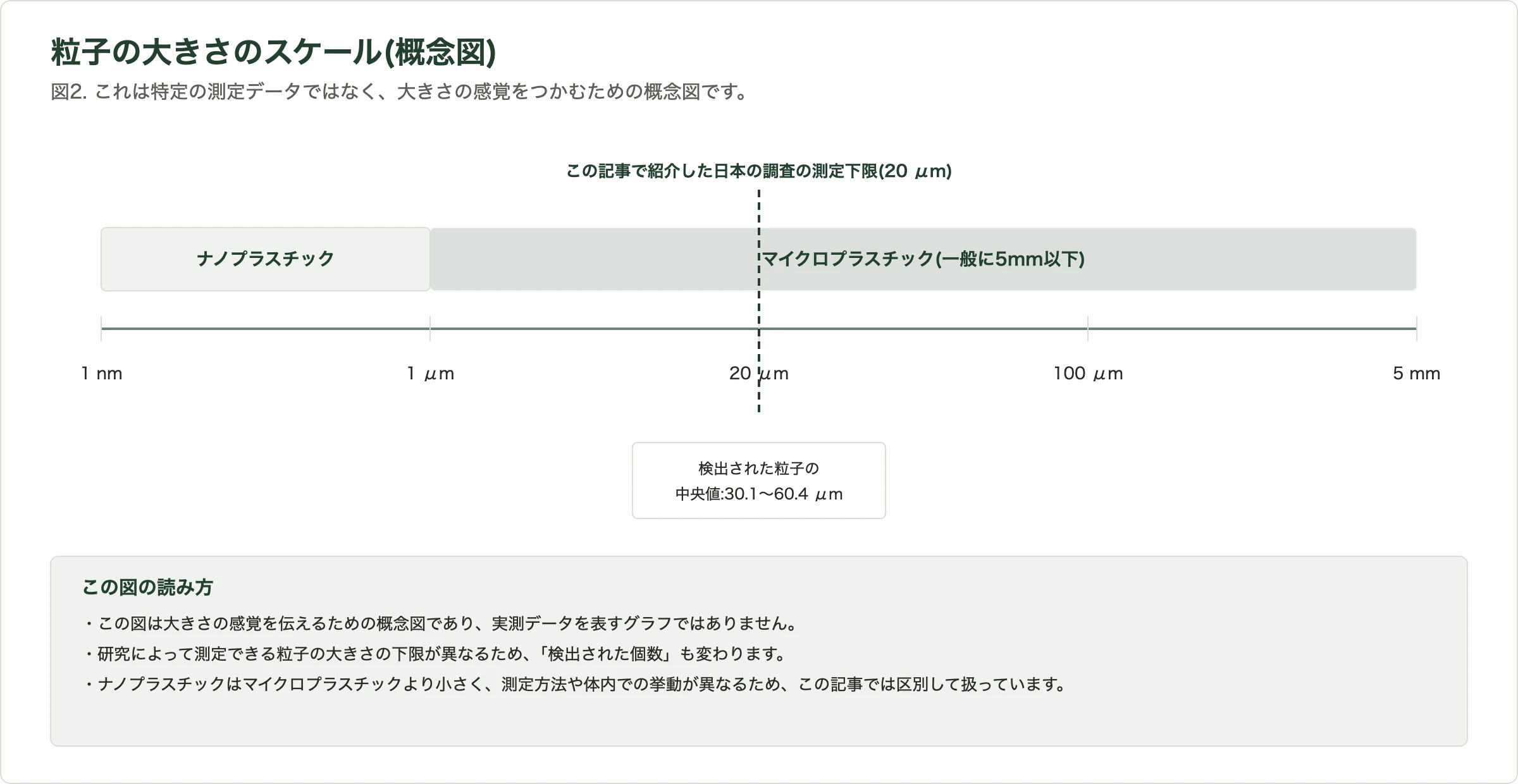 ナノプラスチックからマイクロプラスチックまでの粒径スケールを示す概念図。数値は例示であり、特定の測定データを表すものではない。