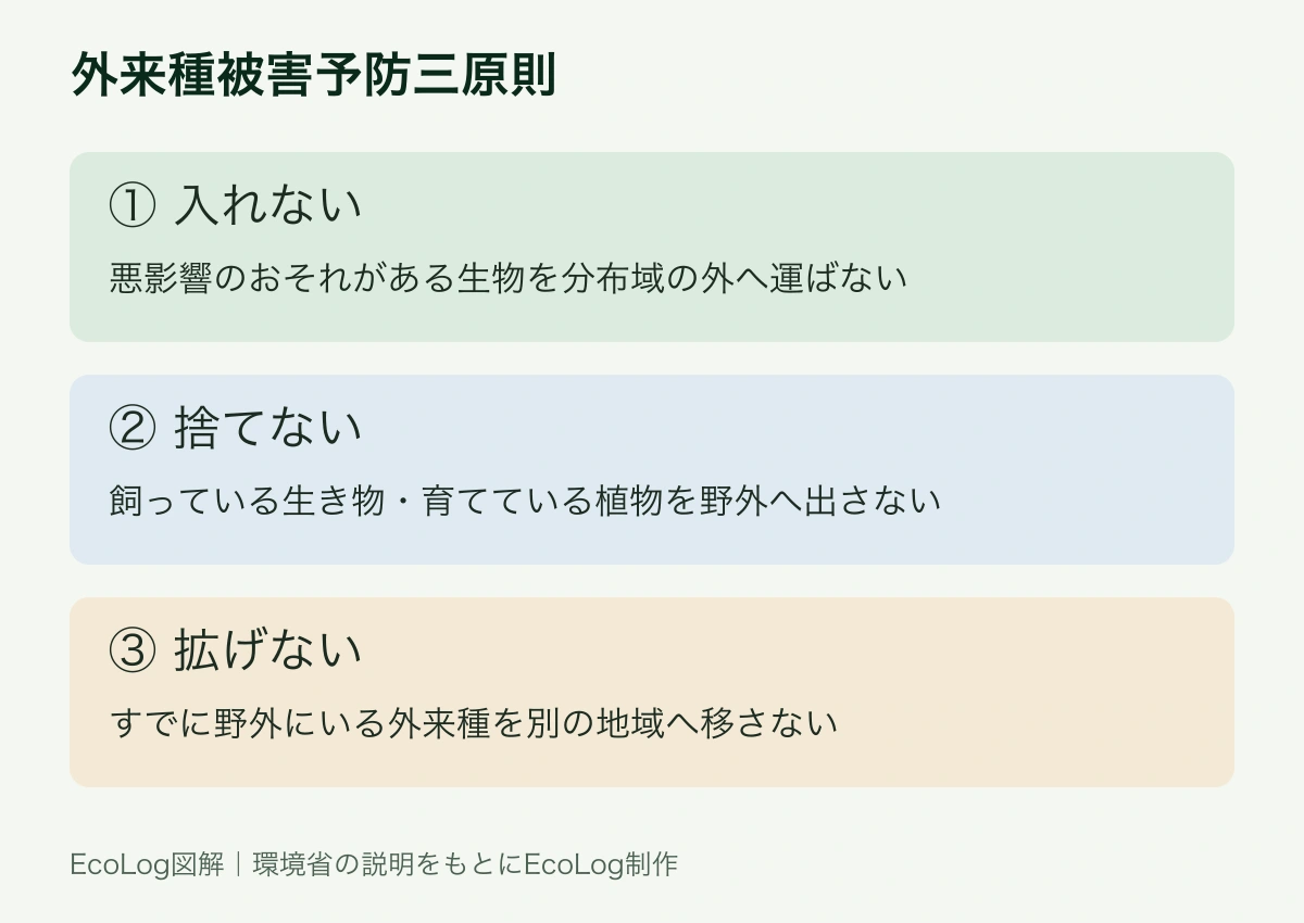 入れない、捨てない、拡げない。人間による新たな導入や放出、別地域への拡散を防ぐ