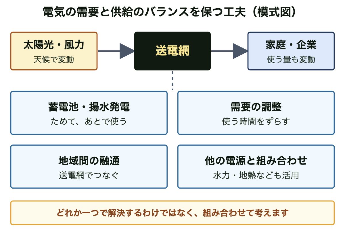 電力の安定供給の仕組みの図。太陽光・風力から送電網を通じて家庭・企業へ電気が届き、蓄電池・揚水発電、需要の調整、地域間の融通、他の電源との組み合わせで需要と供給のバランスを保つ