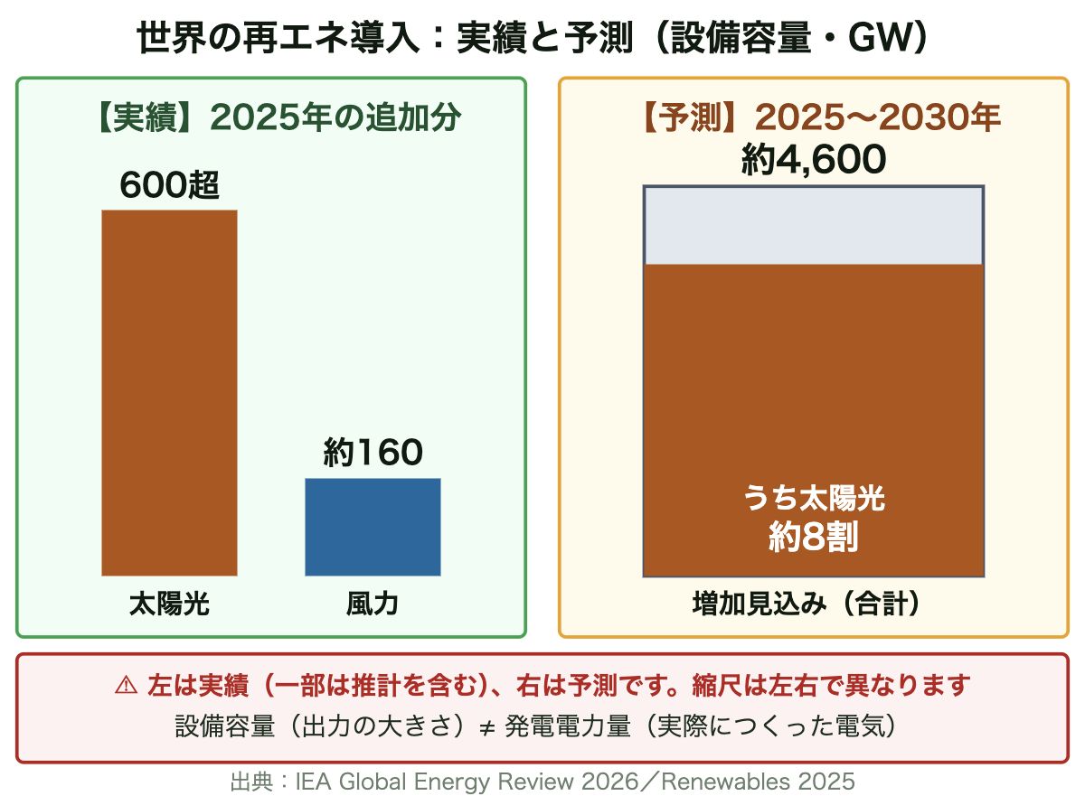 IEAのデータ。左は2025年の導入実績で、太陽光が600GW超、風力が約160GW（一部推計を含む）。右はRenewables 2025による2025〜2030年の予測で、世界の再生可能エネルギー設備容量が約4,600GW増え、うち太陽光が約8割